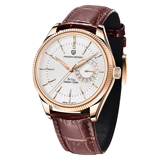 Luxury watch with brown leather strap and rose gold casing on white background