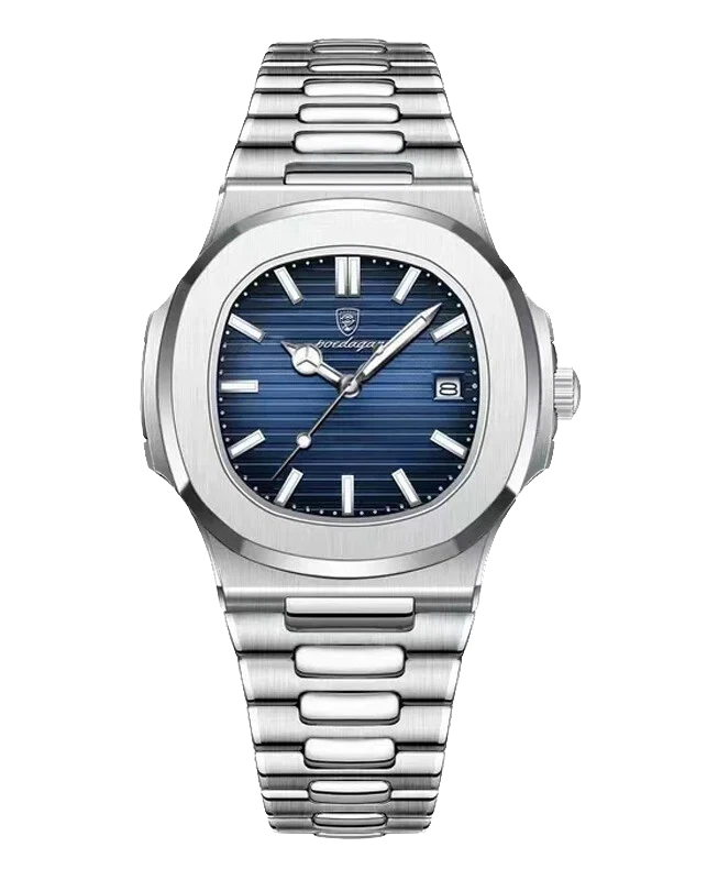Silver watch with blue dial on a white background