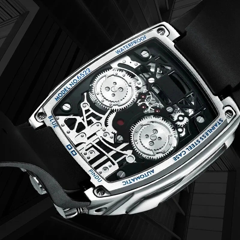 Close-up of a mechanical watch with visible gears and brand name on a dark background