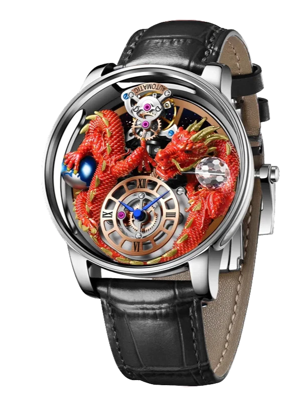 Luxury watch with dragon design on the face against a white background