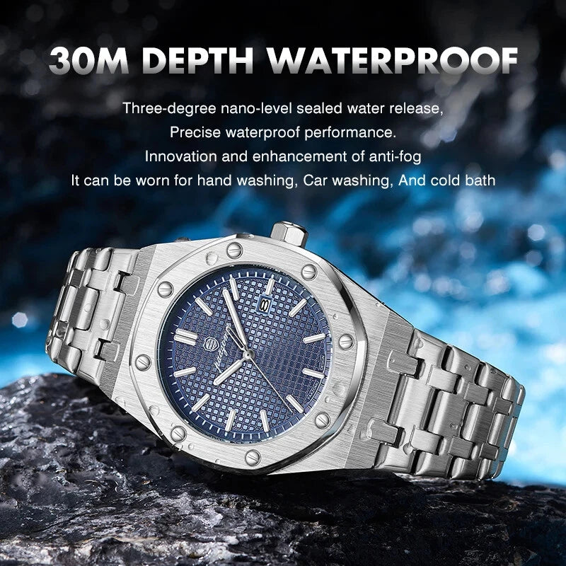 Silver watch with blue face on a dark background with water text