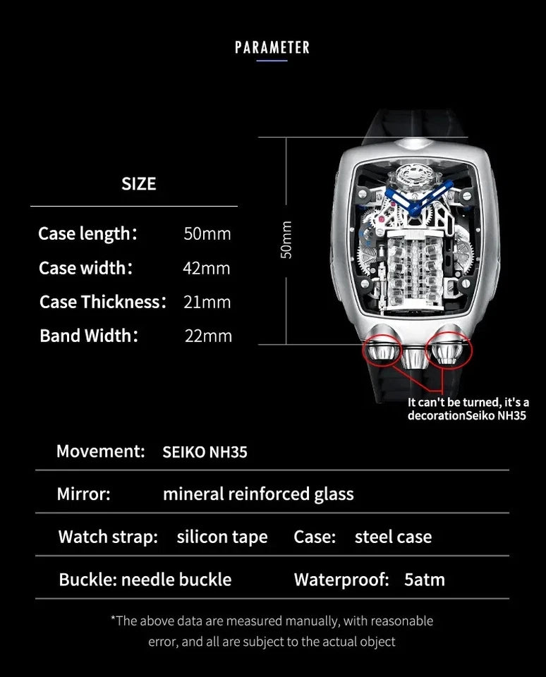 Watch specifications with a close-up of the watch mechanism on a black background