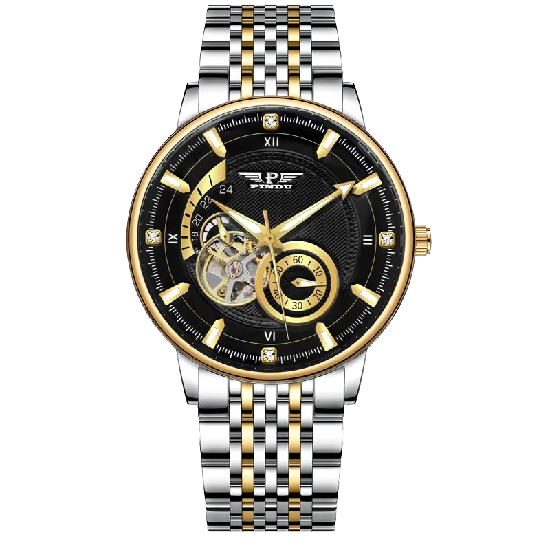 Luxury watch with black face, gold accents, and silver and gold metal strap on a white background