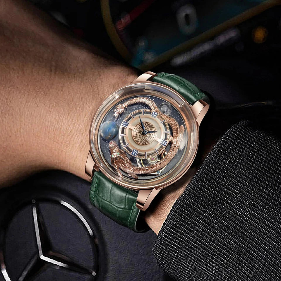 Luxury watch with green strap on a wrist, blurred car interior background