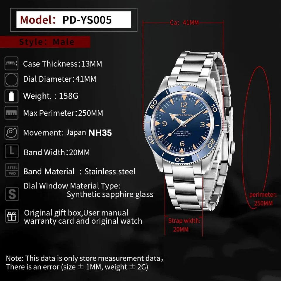 Wristwatch with detailed specifications on a dark background