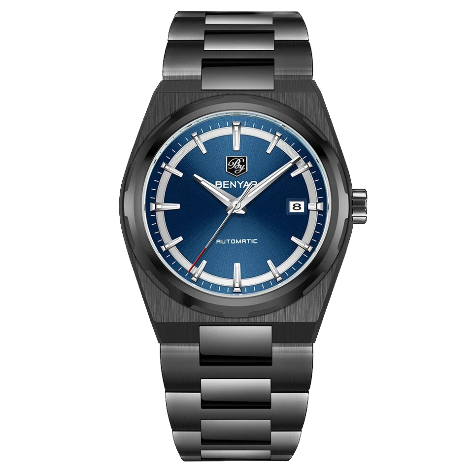 Wristwatch with blue dial and black metal strap on a white background