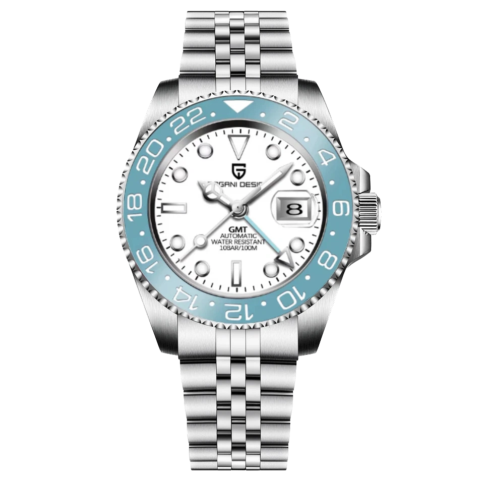 Silver watch with blue bezel and white face on a white background