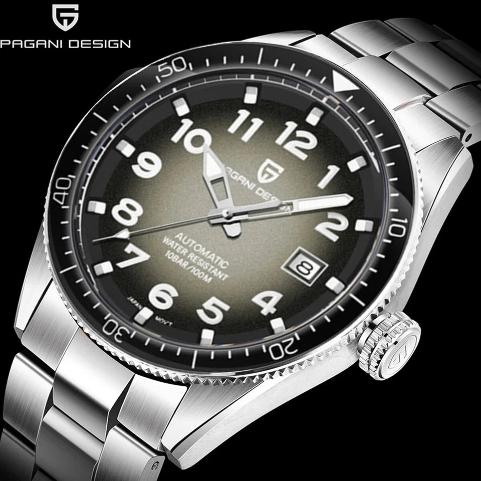 Silver Pagani Design watch with black dial on a black background