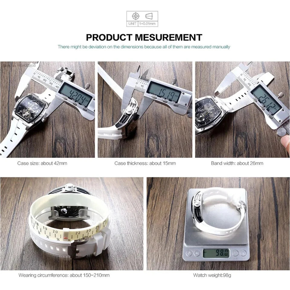 Measurement details of a watch using digital calipers and scales on a wooden surface.