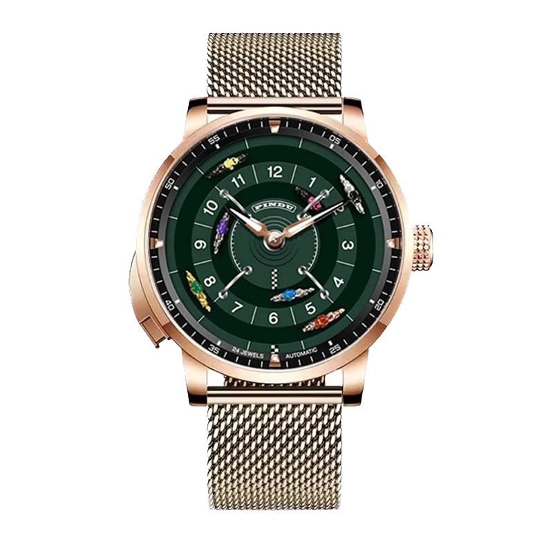 Wristwatch with green dial and rose gold case on white background