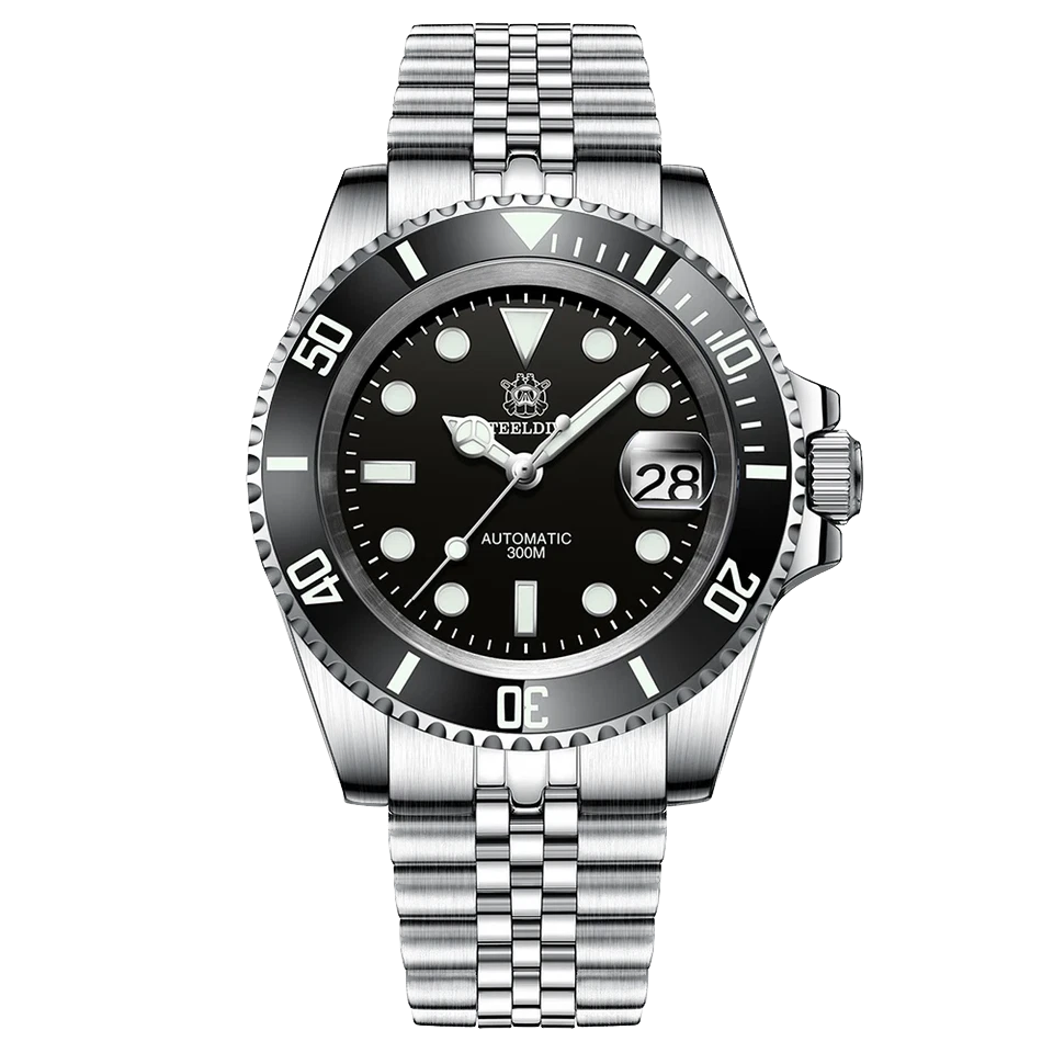 Silver watch with black dial on a white background