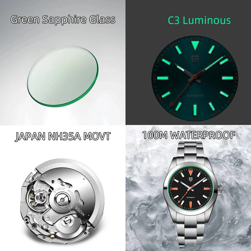 Watch features including green sapphire glass, C3 Luminous, Japan NH35A movement, and 100M waterproof rating.