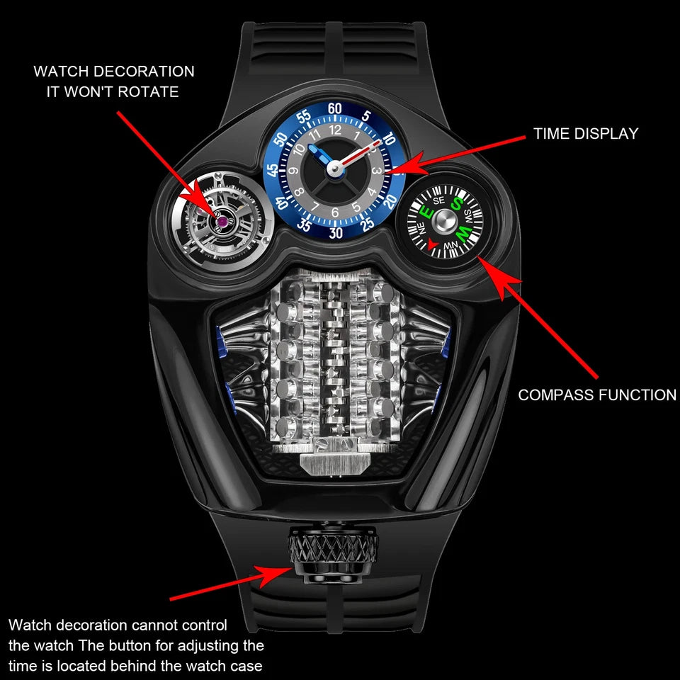 Detailed view of a black wristwatch with various features labeled