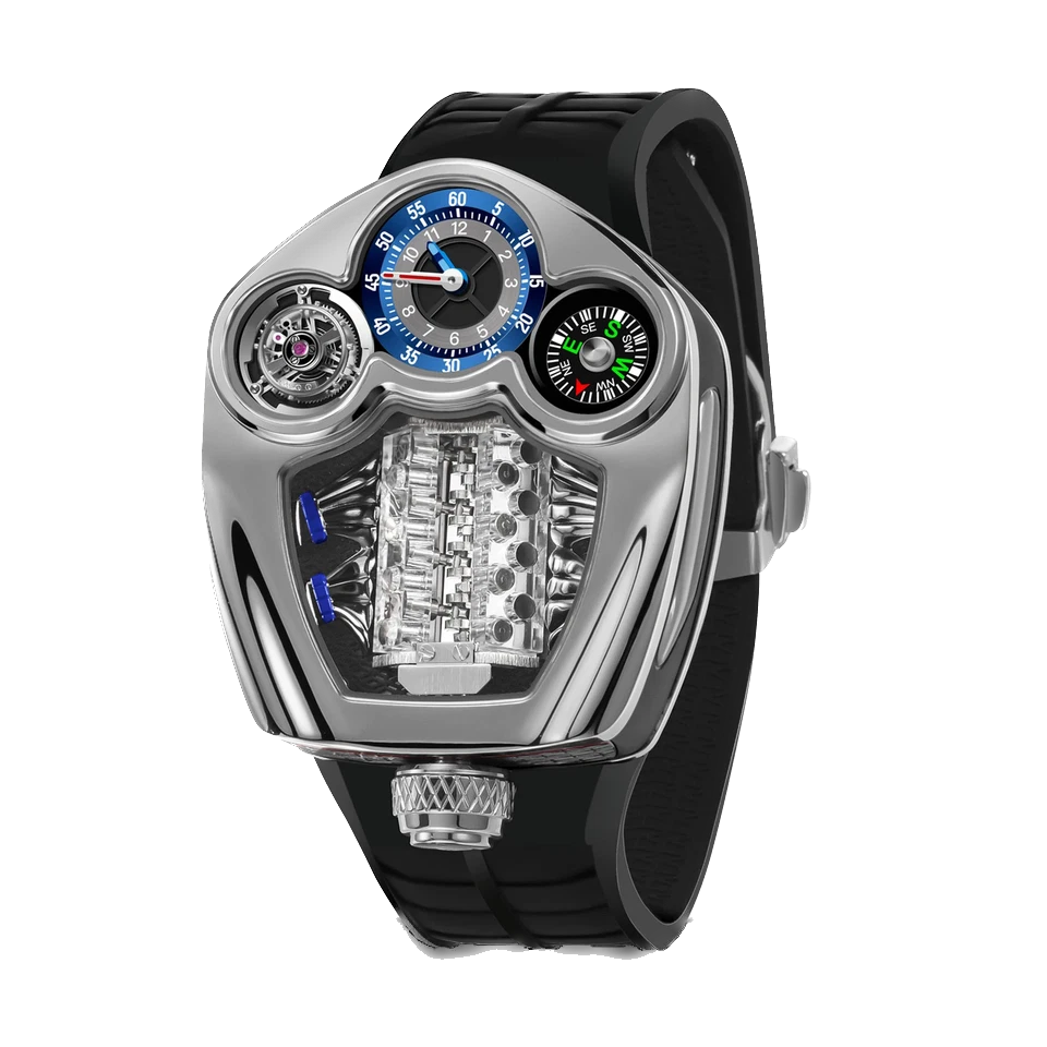 Luxury watch with a black strap and intricate design on a white background