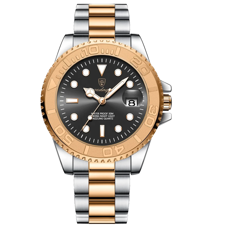 Two-tone silver and gold watch with black dial on a white background