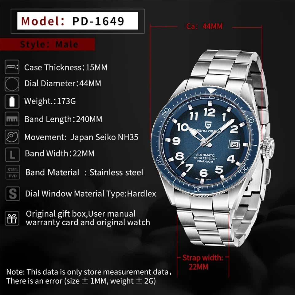 Silver watch with blue dial and detailed specifications on a black background