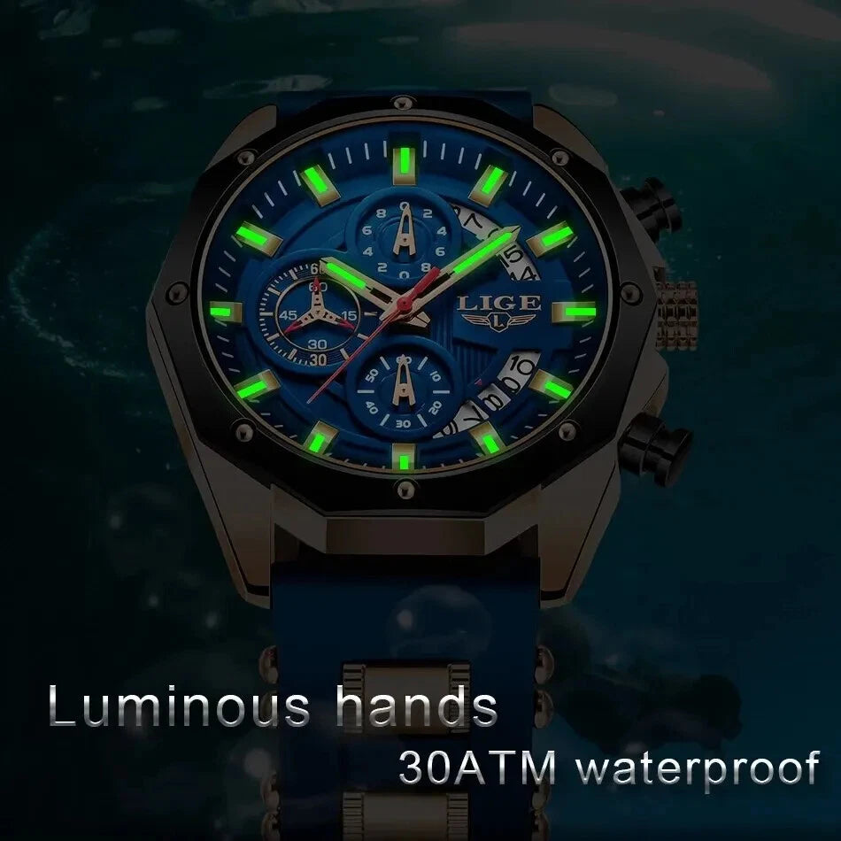 Watch with glowing green hands and blue face on a dark background