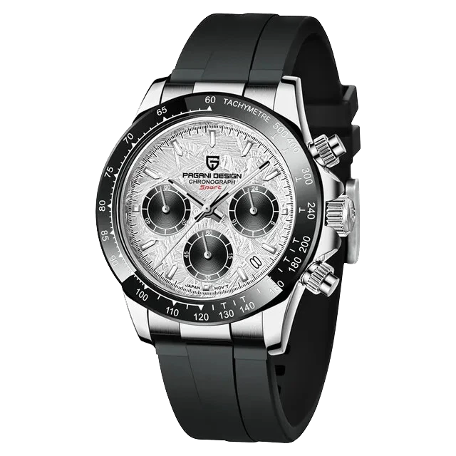 Black and silver watch with detailed face on a white background