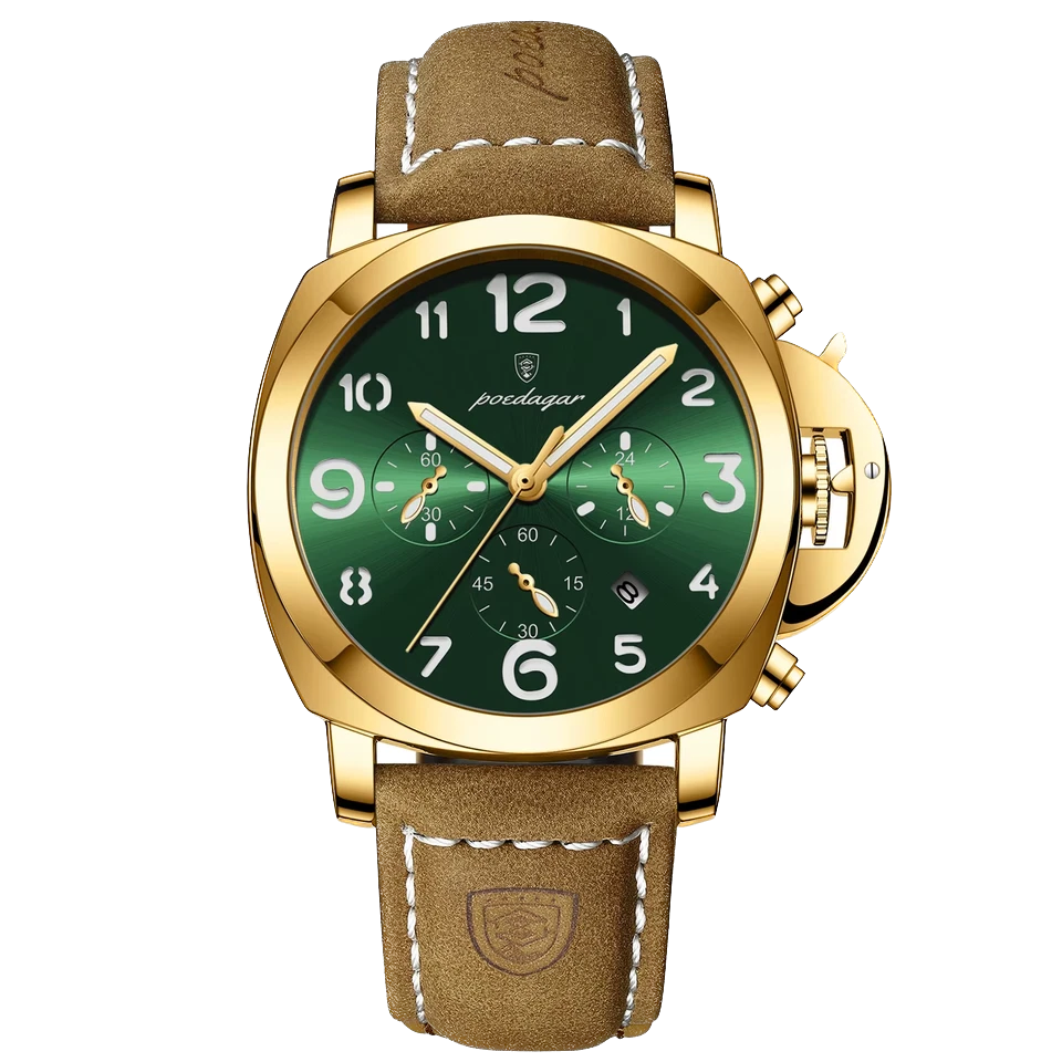 Watch with green dial and brown leather strap on a white background