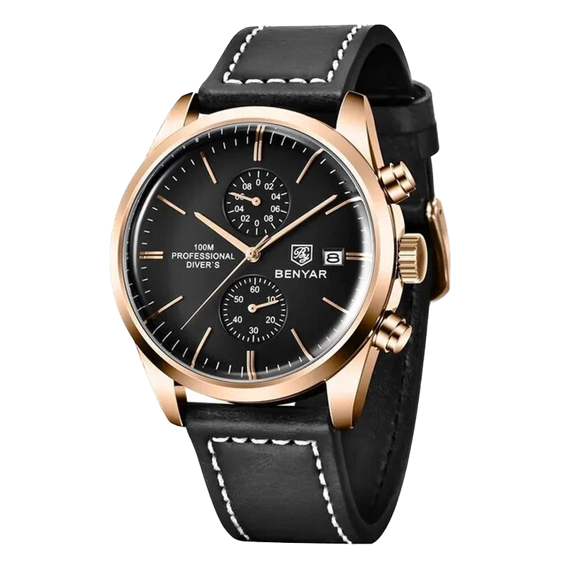 Black wristwatch with rose gold accents and 'BENYAR' branding on a white background