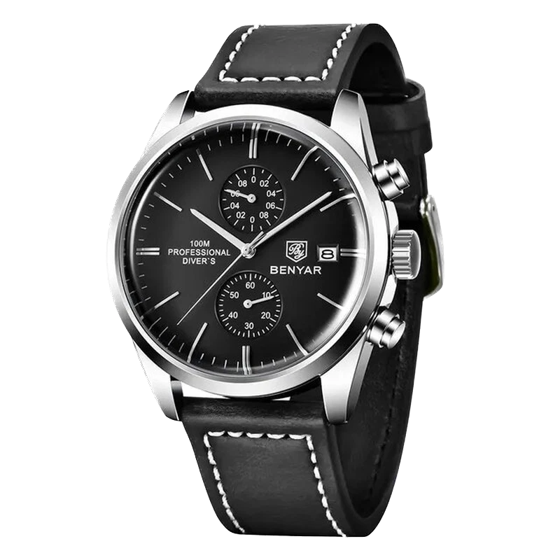 Black wristwatch with silver accents on a white background