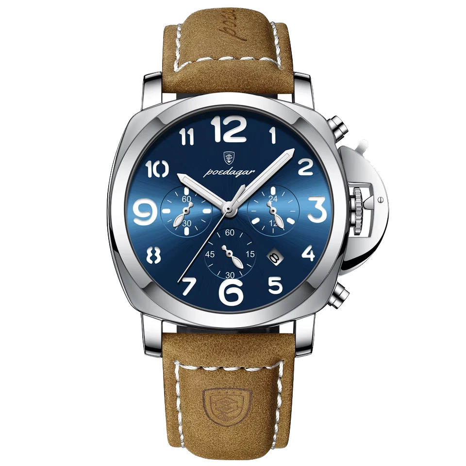Watch with brown leather strap and blue dial on a white background