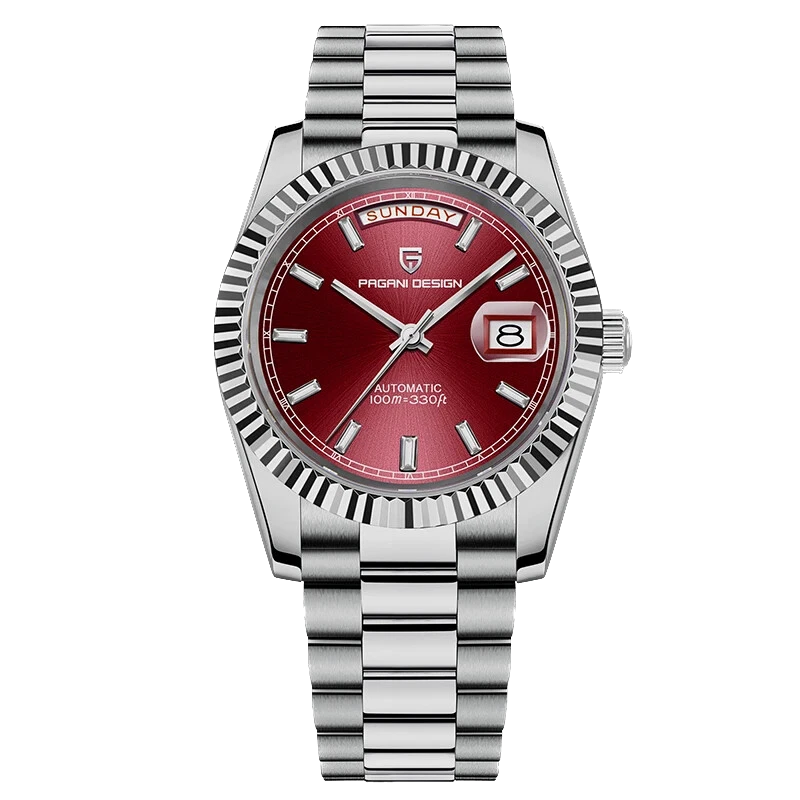 Watch with red face and silver metal strap on white background