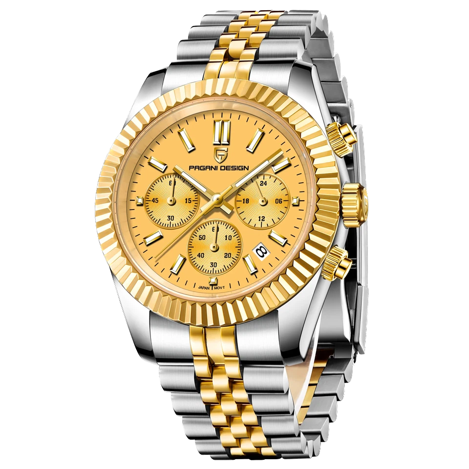 Two-tone silver and gold watch with a detailed face on a white background