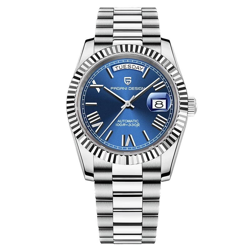 Silver watch with a blue dial on a white background