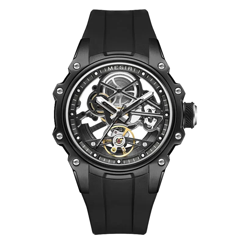 Black mechanical watch with visible brand name on a white background