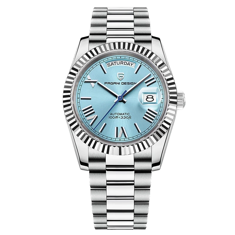 Silver watch with a blue face on a white background