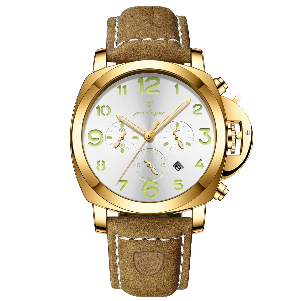 Gold wristwatch with a brown leather strap on a white background