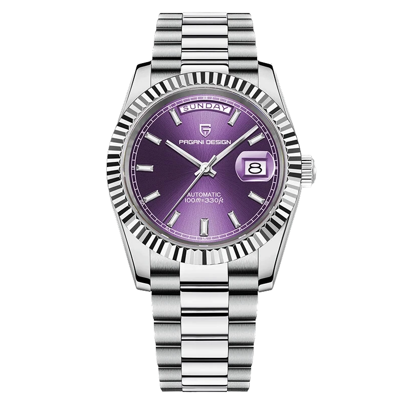 Watch with a purple face and silver band on a white background
