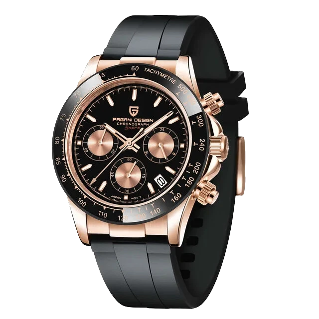 Luxury watch with black and rose gold design on a white background