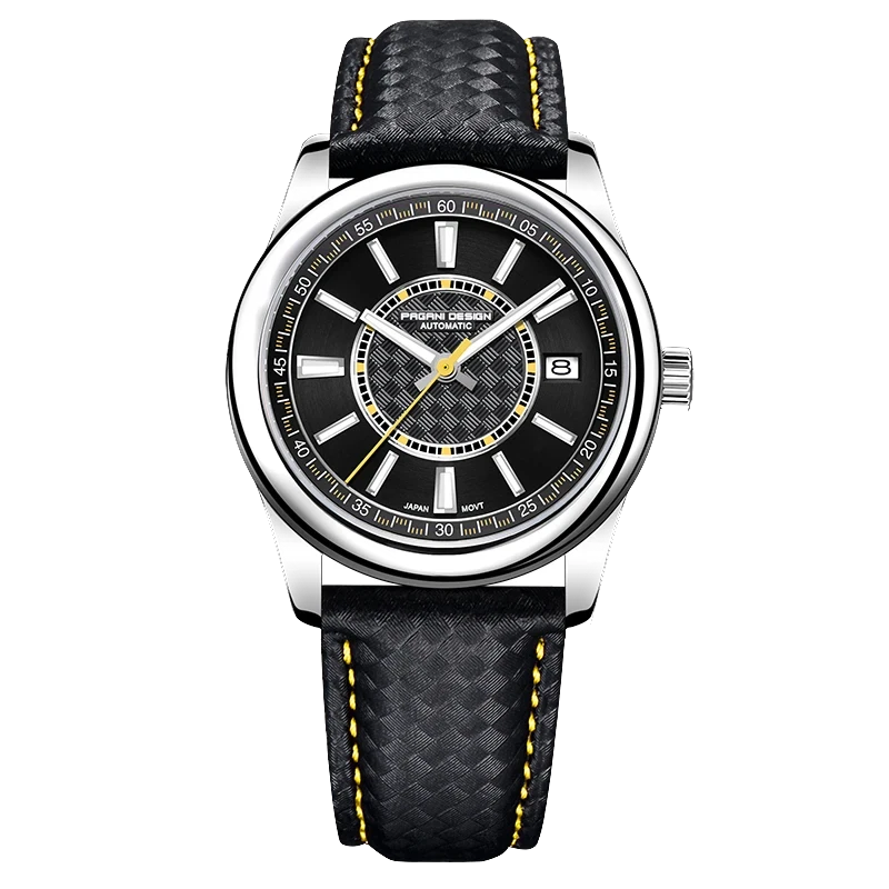 Watch with black face and strap on a white background