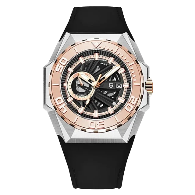 Luxury watch with black strap and rose gold case on white background