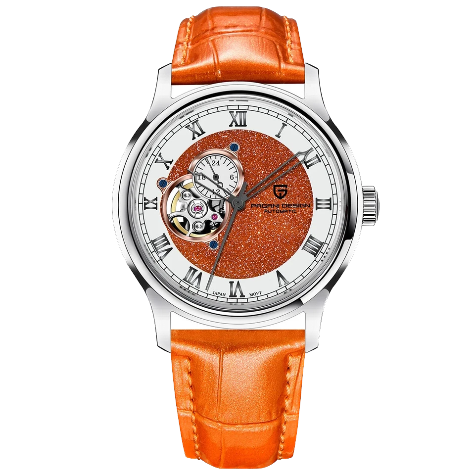 Watch with orange leather strap and white face on a white background