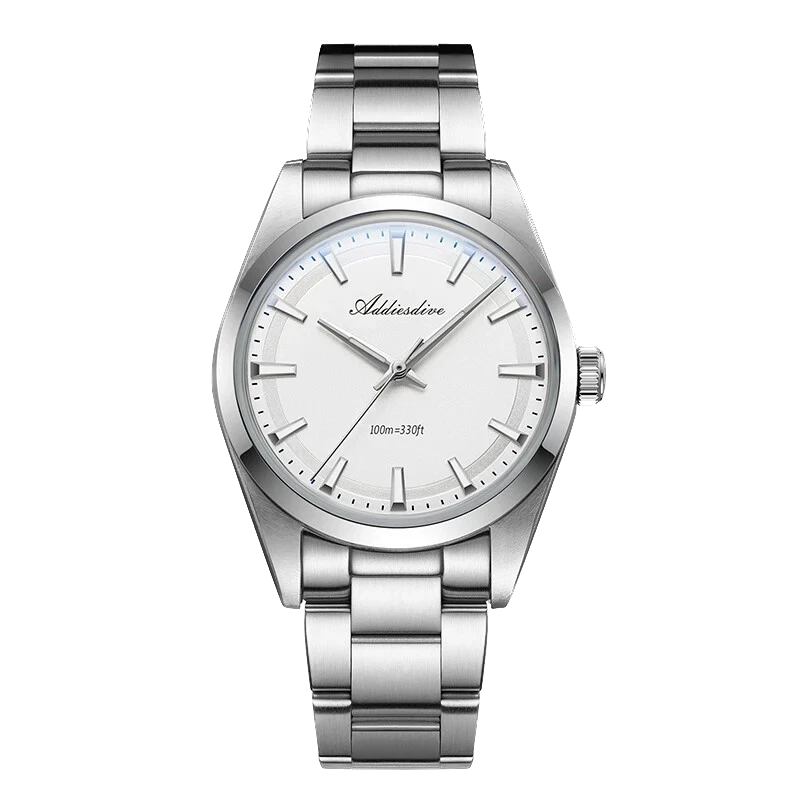 Silver wristwatch with a white dial on a white background