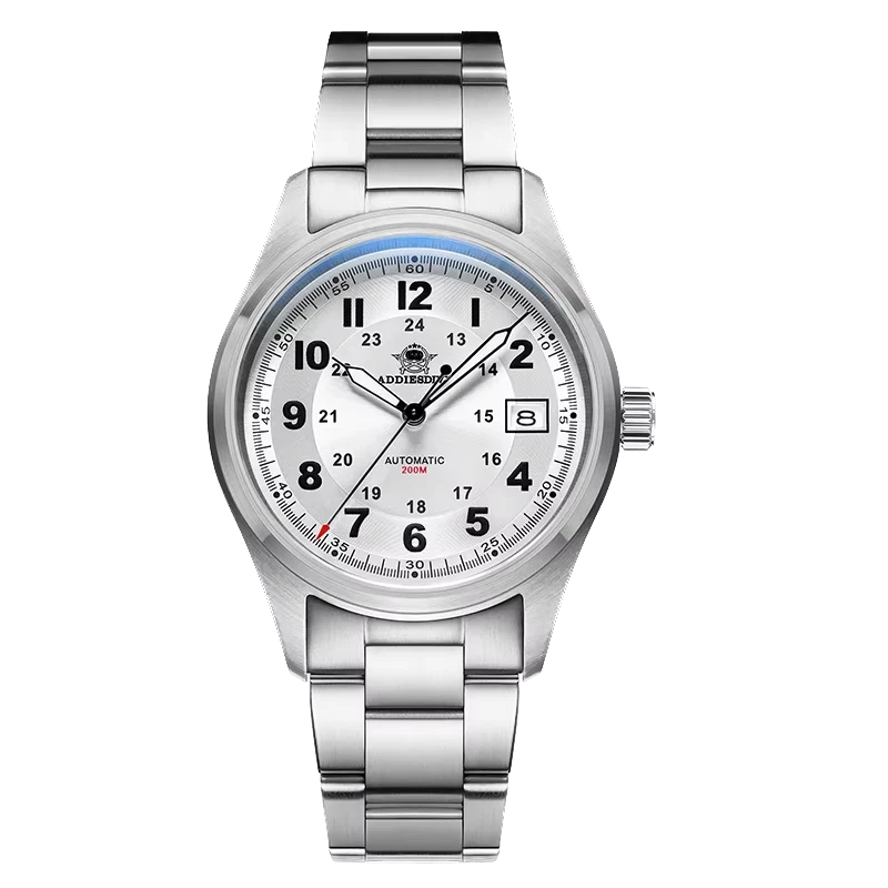 Silver wristwatch with a white dial on a white background