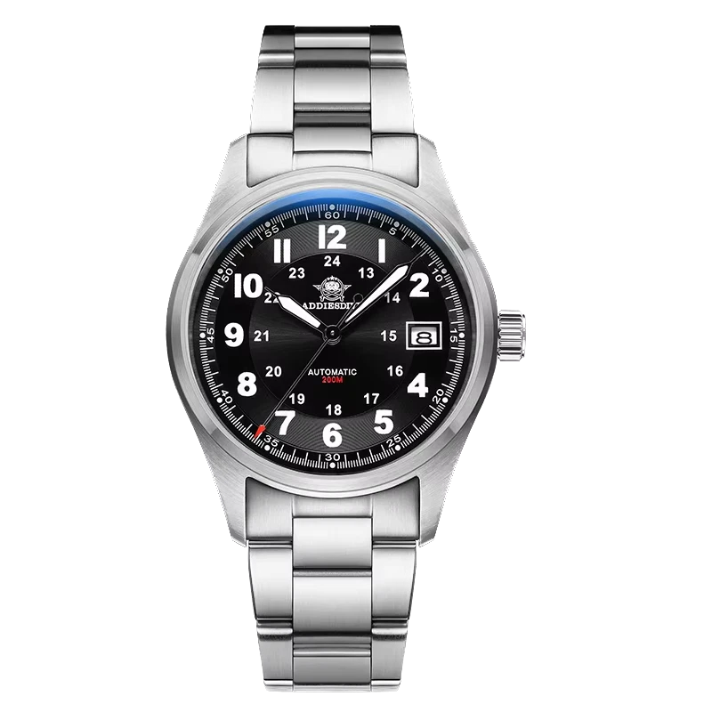 Silver wristwatch with black dial on a white background