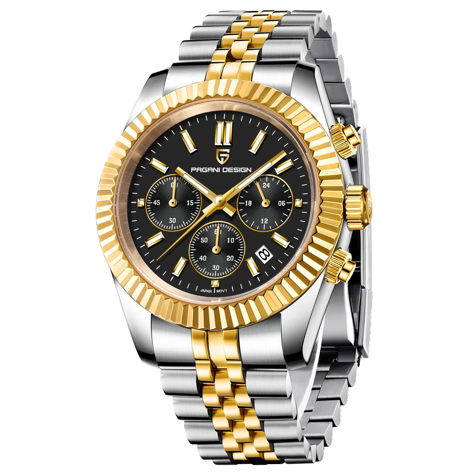 Two-tone silver and gold watch with black dial on a white background