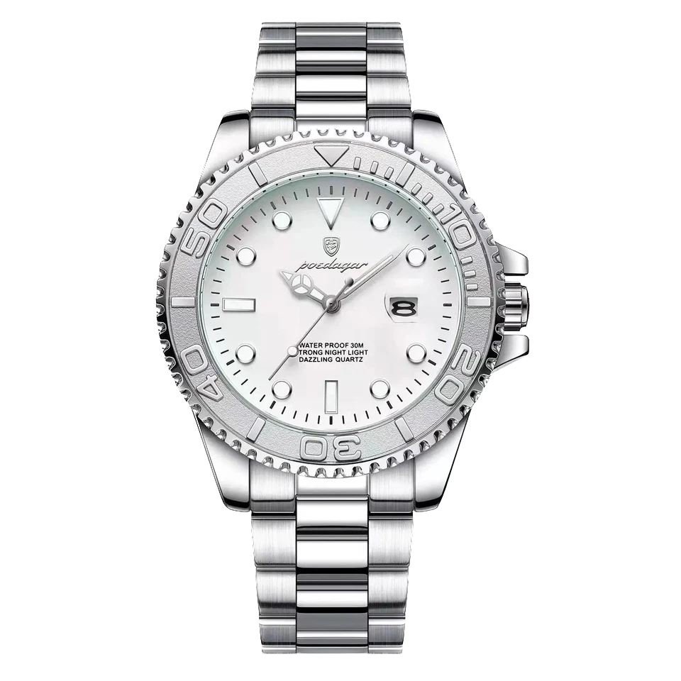 Silver watch with a white face on a white background