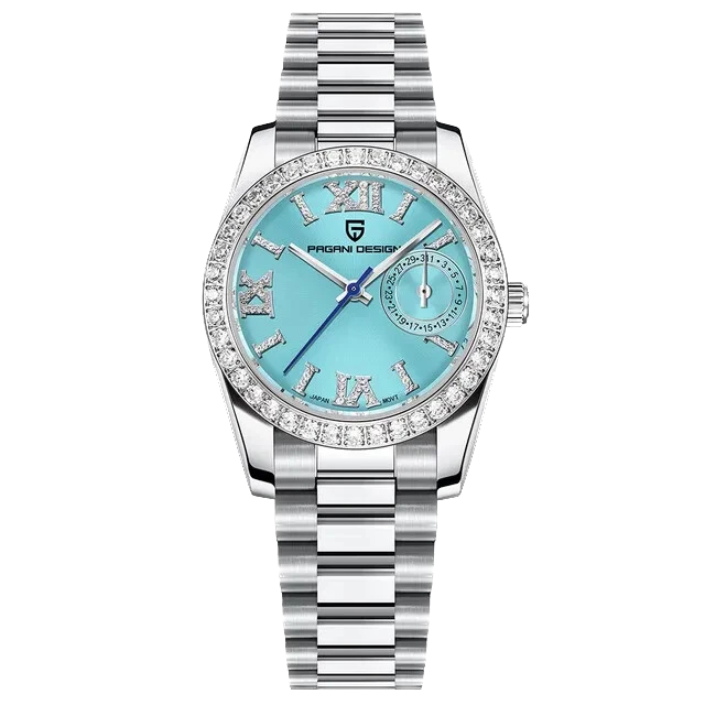Silver watch with a blue face and diamond-studded bezel on a white background
