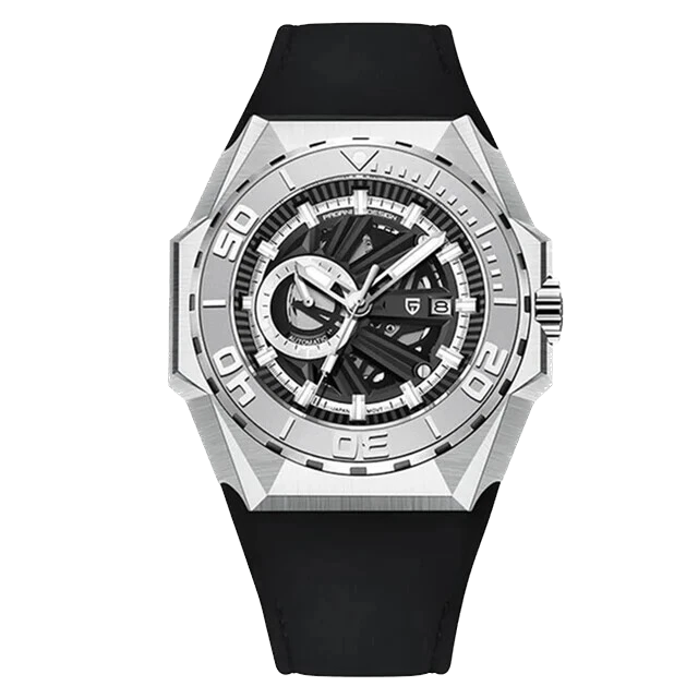 Black wristwatch with a silver case on a white background