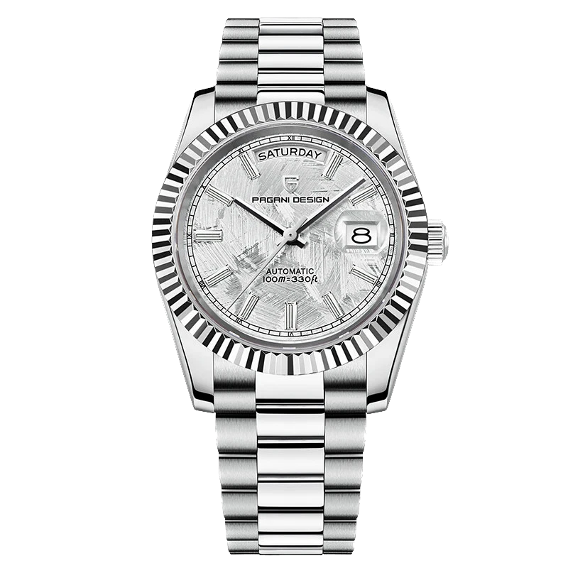 Silver watch with detailed face on a white background