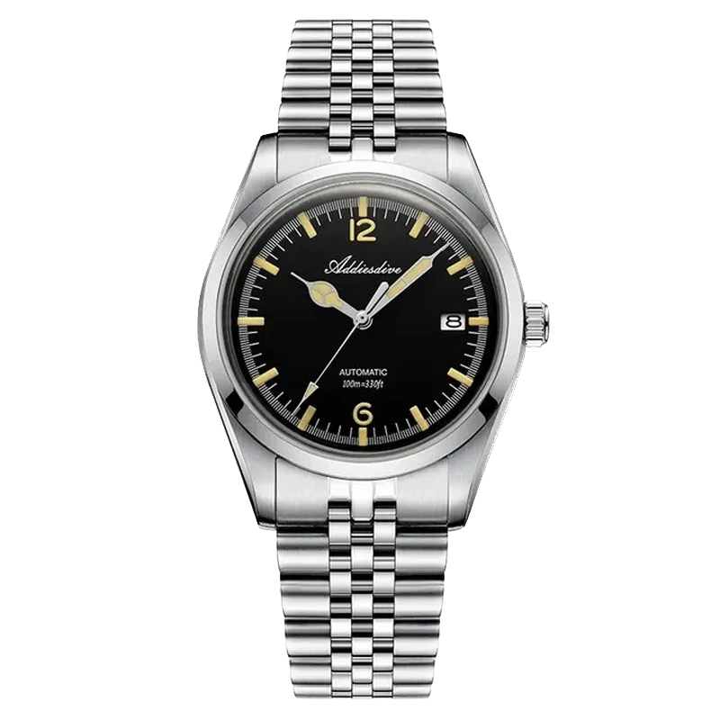 Silver watch with black face and gold accents on a white background