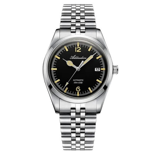 Silver watch with black face and gold accents on a white background