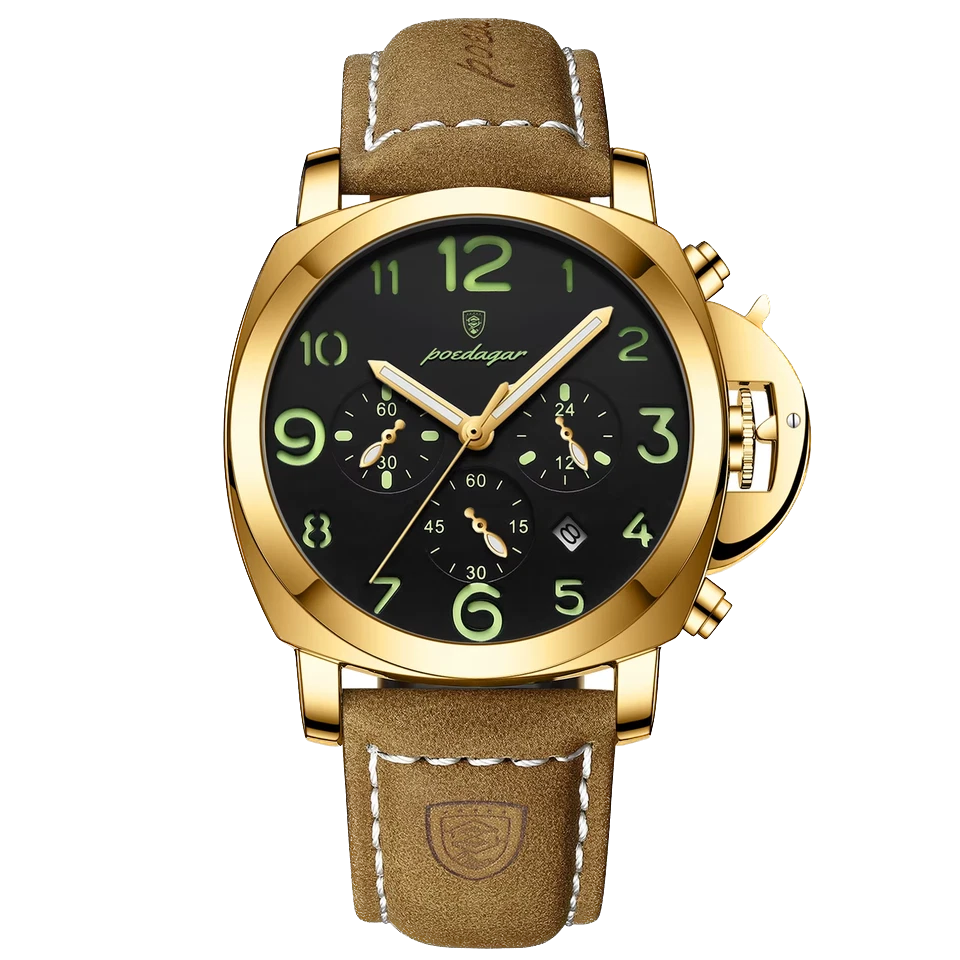 Gold watch with brown leather strap on a white background