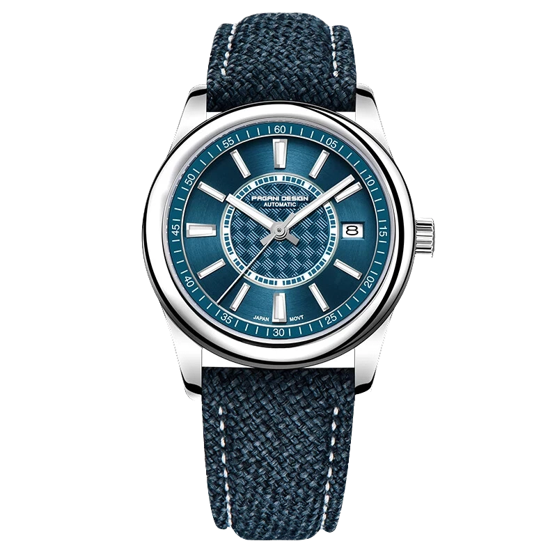 Blue watch with a detailed face on a white background