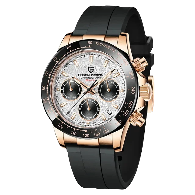 Luxury watch with black strap and rose gold casing on a white background